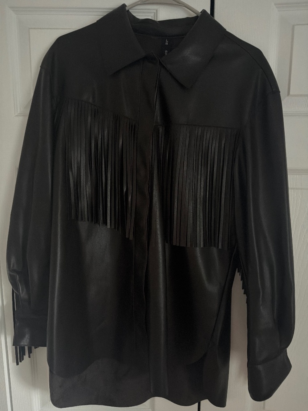 Mango Black Faux Leather Fringe Shirt Jacket – Size S